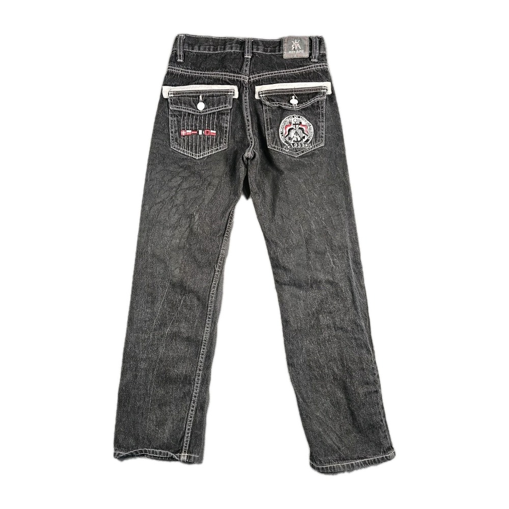Red Ape Jeans Boys 12 Black White Wings Denim Embroidered Graphic Pockets Grunge